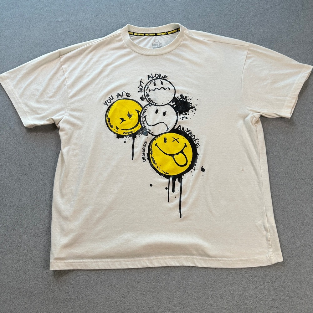 Smiley World Mens T Shirt Cream XL Loose Fit "You Are Not Alone" Smilies Tee